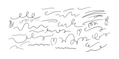 Dalgalı dalgaların el yazısı koleksiyonu. El çabukluğu, vurgu, çizgi şekli. Typographic uzantısı. Metin ve logo için basit altı çizili süsleme. Minimalist harf kuyruk izole ögeler.