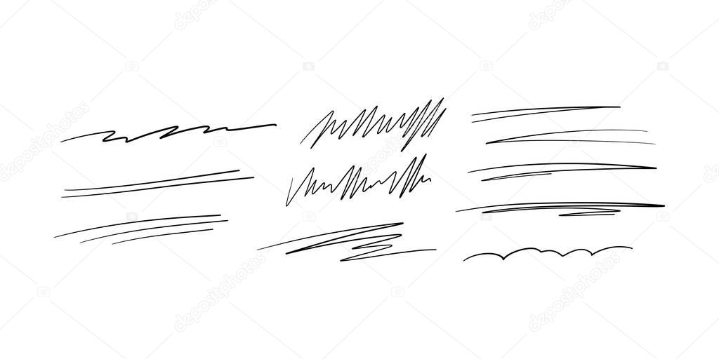 Calligraphy collection of wavy swooshes. Hand drawn swash, emphasis, line shape. Typographic extension simple stroke underline decoration for text, logo. Minimalist letter tail isolated elements.