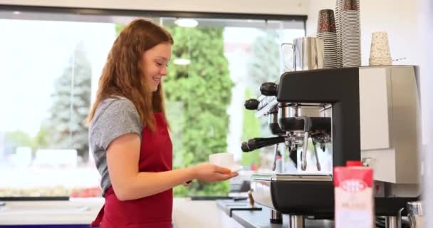 Portrait Young Lady Barista Waitress Holding Coffee Cup Feeling Happy — Vídeo de stock