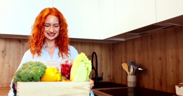 Beautiful Basket Vegetables Fruits Extended Camera Beautiful Girl Holding High — Video Stock