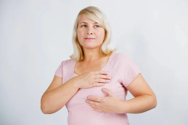 Portrait Blonde Woman Breast Pain Touching Chest Woman Examining Breast — Stock Photo, Image