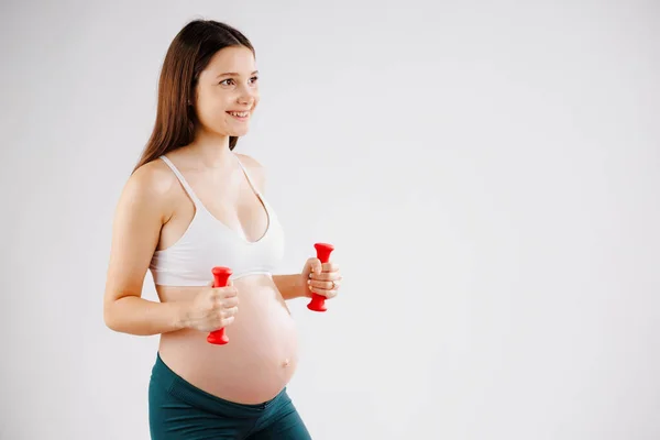 Mujer Embarazada Feliz Con Pelo Castaño Haciendo Ejercicio Fitness Parte — Foto de Stock