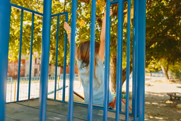 Cute Little Girl Hanging Slide Colorful Playground High Quality Photo — Stock Photo, Image