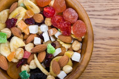 Candied fruit, dried fruit and nut in a round wooden bowl on the table. View from above.