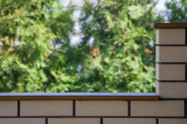 Arka planda tuğla duvar ve yeşil ağaçlar var. Seçici odak.