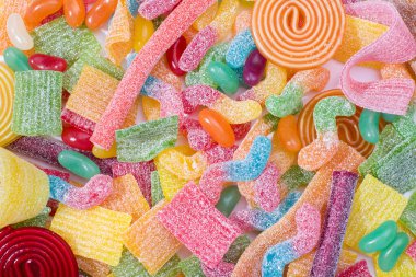 Çeşit çeşit şekerleme. Üst Manzara. Jöle tatlısı arka planı.