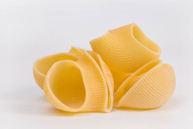 Beyaz arka planda makarna kabukları, yakın plan. İtalyan lumaconi makarnası.