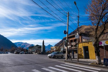 Kazbegi, Georgia : 10-11-2022 : Village Of Gergeti In Georgia, with the beautiful Caucasus mountain peaks and meadow surrounded.