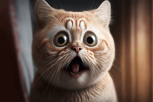 painted portrait of a surprised ginger cat with big eyes, blurred background