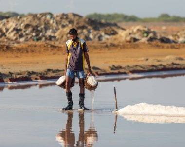 Bhambore Sindh Pakistan 2022, Bhanbhore olarak da bilinen Bhambhore, sabahın erken saatlerinde tarlalarda deniz tuzu toplama ve istifleme