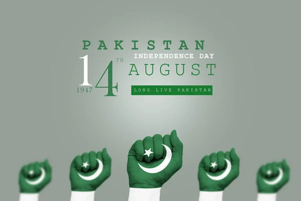 stock image Pakistan Independence day 14th August 1947 poster with hands painted with Pakistani flag and grey background, Long live Pakistan