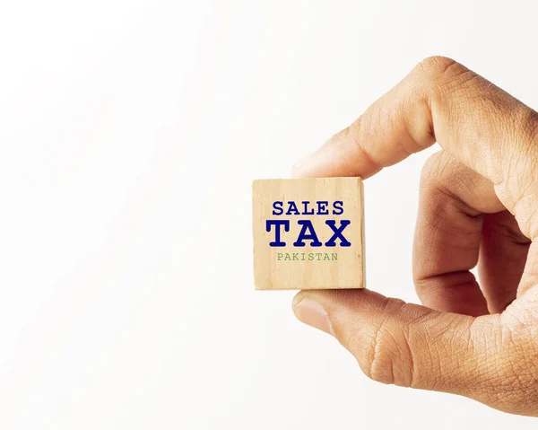 Finansiella Symboler Träblock Med Tax Människohand — Stockfoto