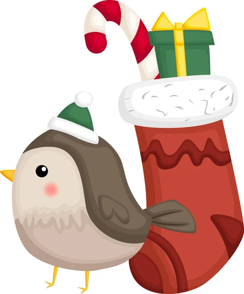 かわいい鳥とクリスマスソックスのベクトル — ストックベクタ