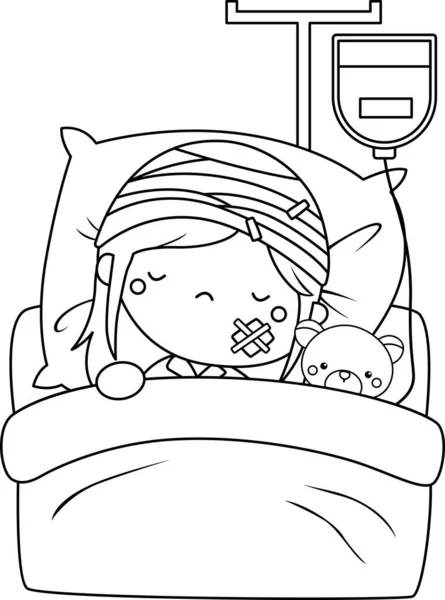 Vector Kid Bed Rest Getting Infusion Black White Coloring — Stock Vector