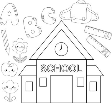 Okulla ilgili siyah beyaz renkte bir okul ve nesne vektörü