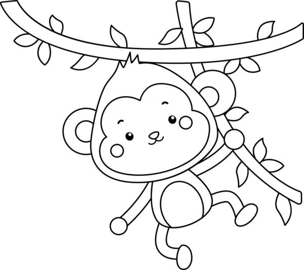 Vetor Macaco Bonito Pendurado Uma Videira Coloração Preto Branco —  Vetores de Stock