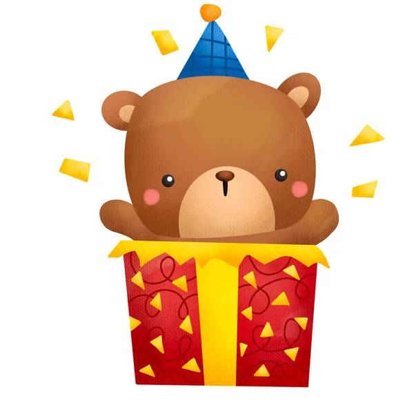 Akwarela Niedźwiedzia Świętującego Urodziny — Zdjęcie stockowe
