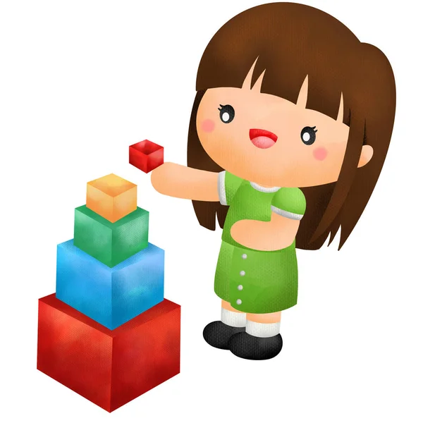 Uma Ilustração Aquarela Crianças Brincando Com Brinquedos Cubo — Fotografia de Stock