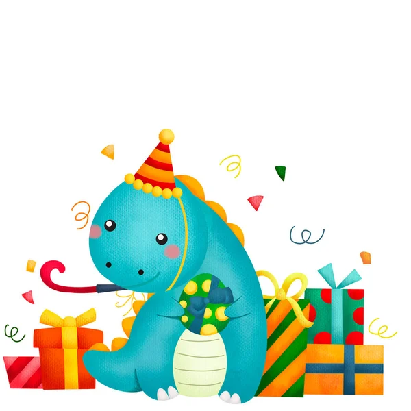 Uma Ilustração Aquarela Uma Celebração Aniversário Com Tema Dinossauro — Fotografia de Stock