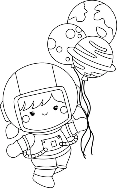 Vector Cute Girl Astronauts Black White Coloring — Stock Vector