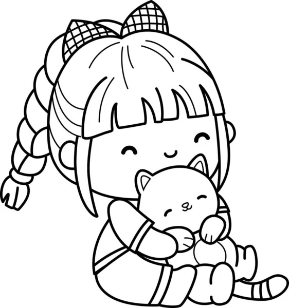 Vetor Uma Menina Abraçando Gato Coloração Preto Branco —  Vetores de Stock
