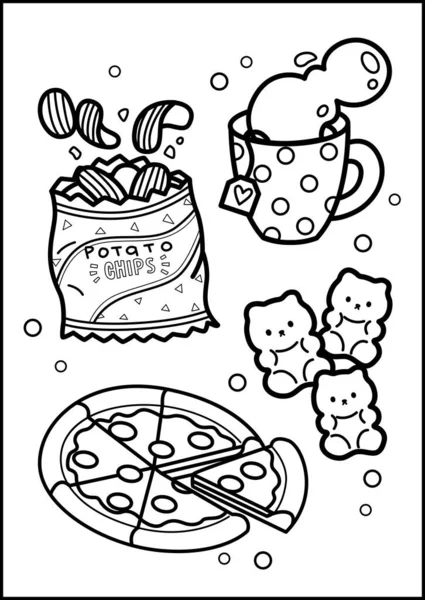 Раскраска Страниц Многих Продуктов Питания Закусок — стоковый вектор