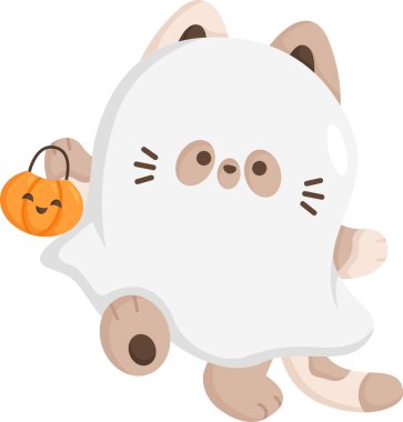 Hayalet kostümü giymiş şirin bir kedinin vektörü.