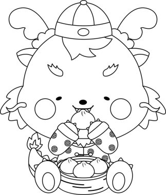 Çin 'in yeni yılını siyah beyaz renklerle kutlayan sevimli bir ejderhanın vektörü.