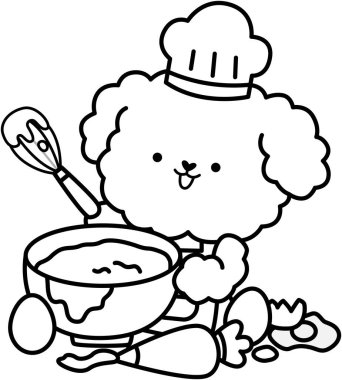 Siyah ve beyaz renkli kek pişiren sevimli bir kanişin vektörü.