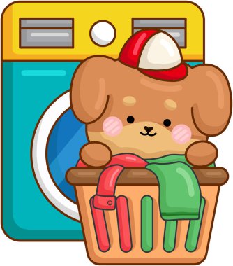 Çamaşır makinesi olan sevimli bir köpeğin vektörü.