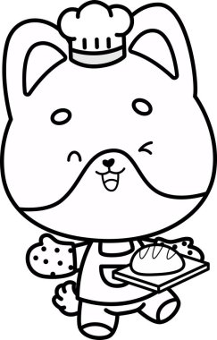 Taze pişmiş somunu siyah beyaz renkte olan neşeli fırın köpeği.