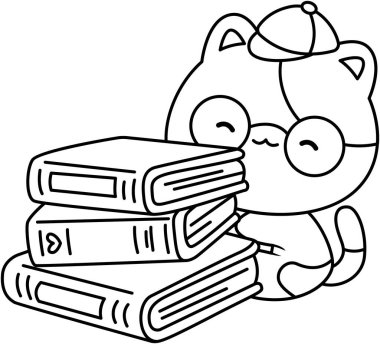 Siyah ve beyaz renkli bir yığın kitabı olan bir kedinin vektörü