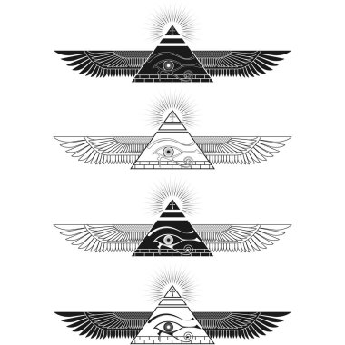 Horus gözlü kanatlı piramit tasarımı, kanatlı eski Mısır piramidi, kanatlı piramit, Horus gözü, Ankh çapraz