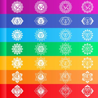 Yedi çakra enerji merkezinin vektör tasarımı, Hinduizm doktrininin bir sembolü insan vücudunun yedi çakrasını kendi renkleriyle gösteriyor.