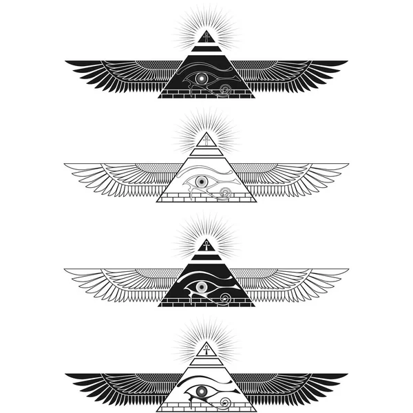 具有角眼的有翼金字塔矢量设计 具有翅膀的古埃及金字塔 有翼金字塔 脚踝十字架 — 图库矢量图片
