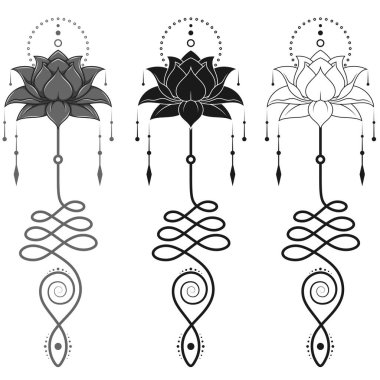 Lotus Çiçeği Vektör Tasarımı Unalome Hindu sembolü, yoga ve sanayi sembolü, dövme için nilüfer çiçeği motifleri