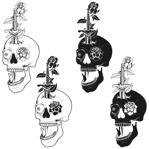 Illustration Poignard Crâne Roses Art Traditionnel Niveaux Gris — Image vectorielle