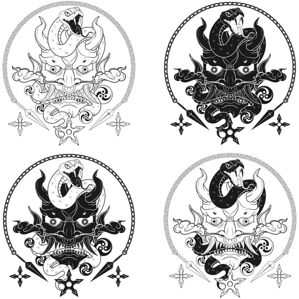 ヘビと日本の伝統的な鬼ベクトルデザイン ヘビと鬼日本の鬼般若マスク — ストックベクタ