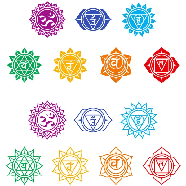 Desain Vektor Dari Tujuh Pusat Energi Cakra Simbol Doktrin Hindu - Stok Vektor