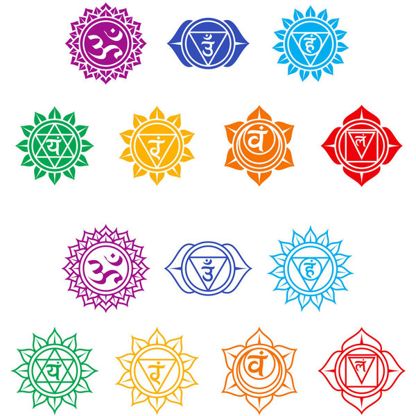Vector design of the seven chakra energy center, a symbol of Hinduism doctrine that shows the seven chakras of the human body, with their respective colors