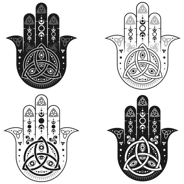 ハムサのシンボルベクトルデザイン セルティックスタイルのトリケットとトリスケリオン ファティマシンボルの手 神の目でジャムサのイラスト — ストックベクタ