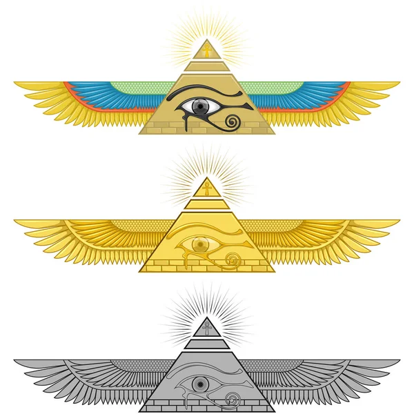 具有角眼的有翼金字塔矢量设计 具有翅膀的古埃及金字塔 有翼金字塔 脚踝十字架 — 图库矢量图片