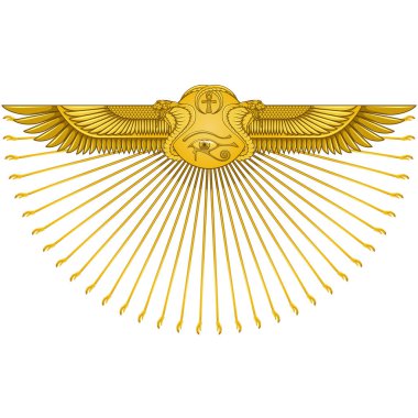 Kanatlı güneşin kobralarla vektör tasarımı, Eski Mısır 'ın sembolü, Kanatlı Güneş, Horus' un gözü, Ankh haçı