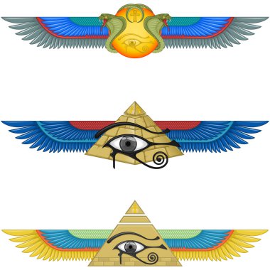Vector design of ancient egypt winged symbol, winged sun, winged pyramid, eye of horus, ankh cross