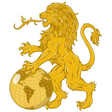 Vector design of rampant lion with the planet between its paws, heraldic lion with earth sphere, heraldic symbol of the European Middle Ages