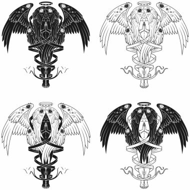 Vector design of praying angel with a halo, seraph with six wings surrounded with a ribbon, archangel with a halo and feathers, angel of the catholic religion