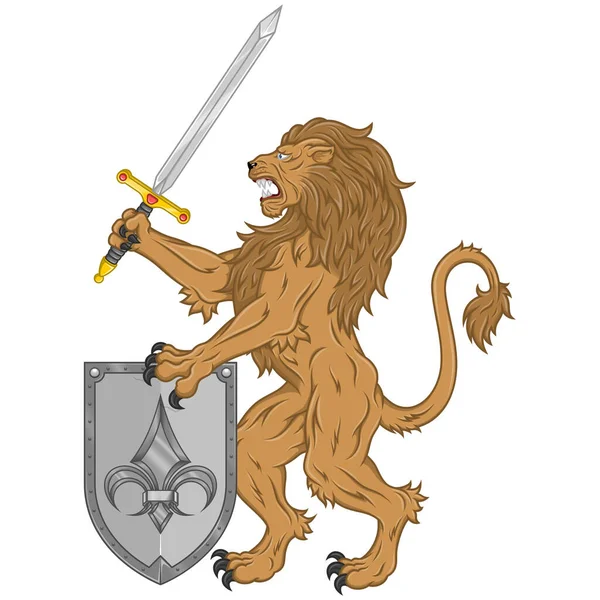 Diseño Vectorial León Rampante Con Espada Escudo Símbolo Heráldico Edad — Archivo Imágenes Vectoriales