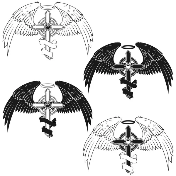 Vector Design Winged Cross Ribbon Heavenly Cross Wings Christian Symbology — Stockvektor