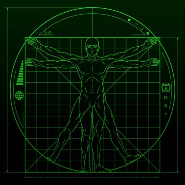 Çizgi film stili Vitruvius 'lu adamın vektör tasarımı, insan vücudunun ideal oranlarını araştırmak, bilim kurgu geçmişiyle insan orantılarının kanunu.