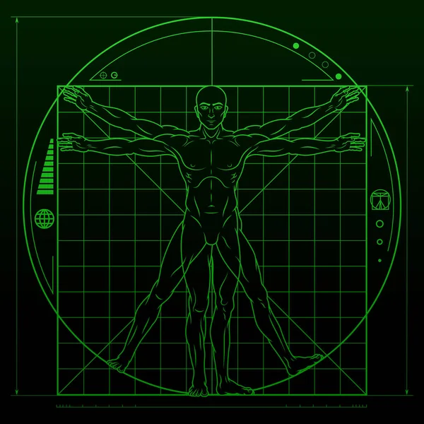 Çizgi Film Stili Vitruvius Adamın Vektör Tasarımı Insan Vücudunun Ideal — Stok Vektör
